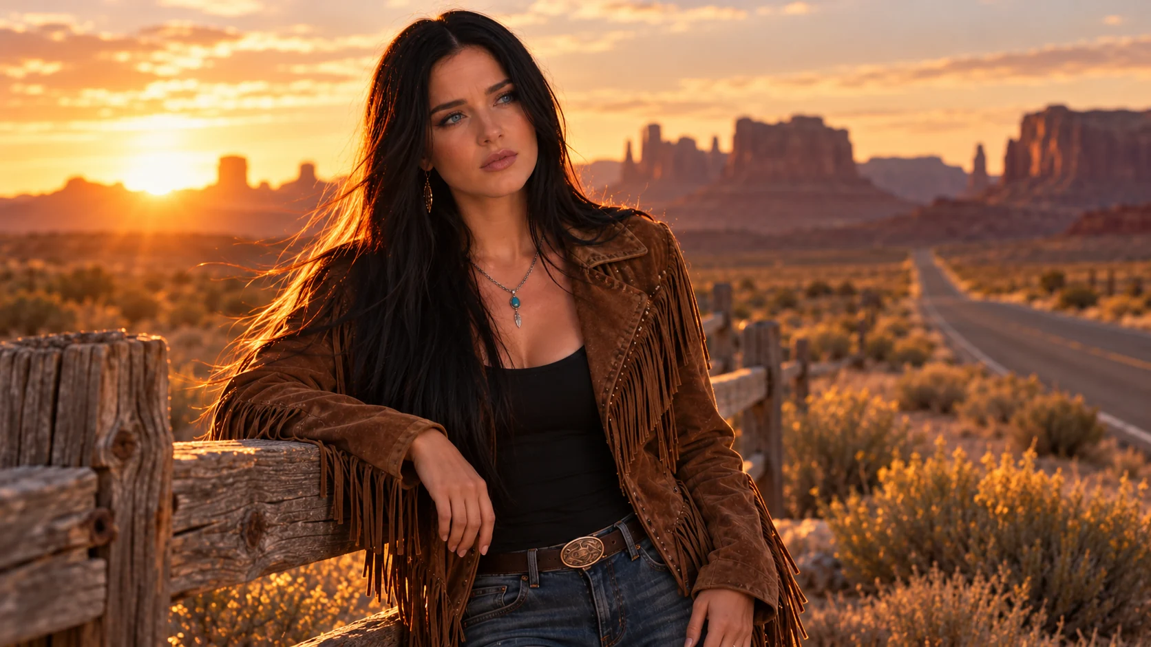 Cassidy Vale leaning against a wooden fence in the golden desert light
