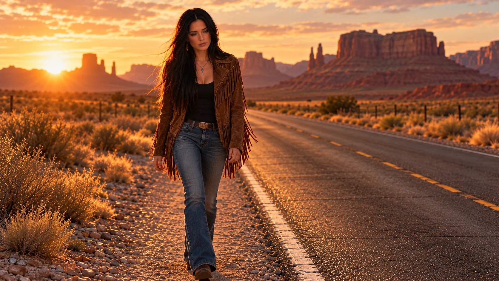 Cassidy Vale walking alone along a quiet road beside the red desert